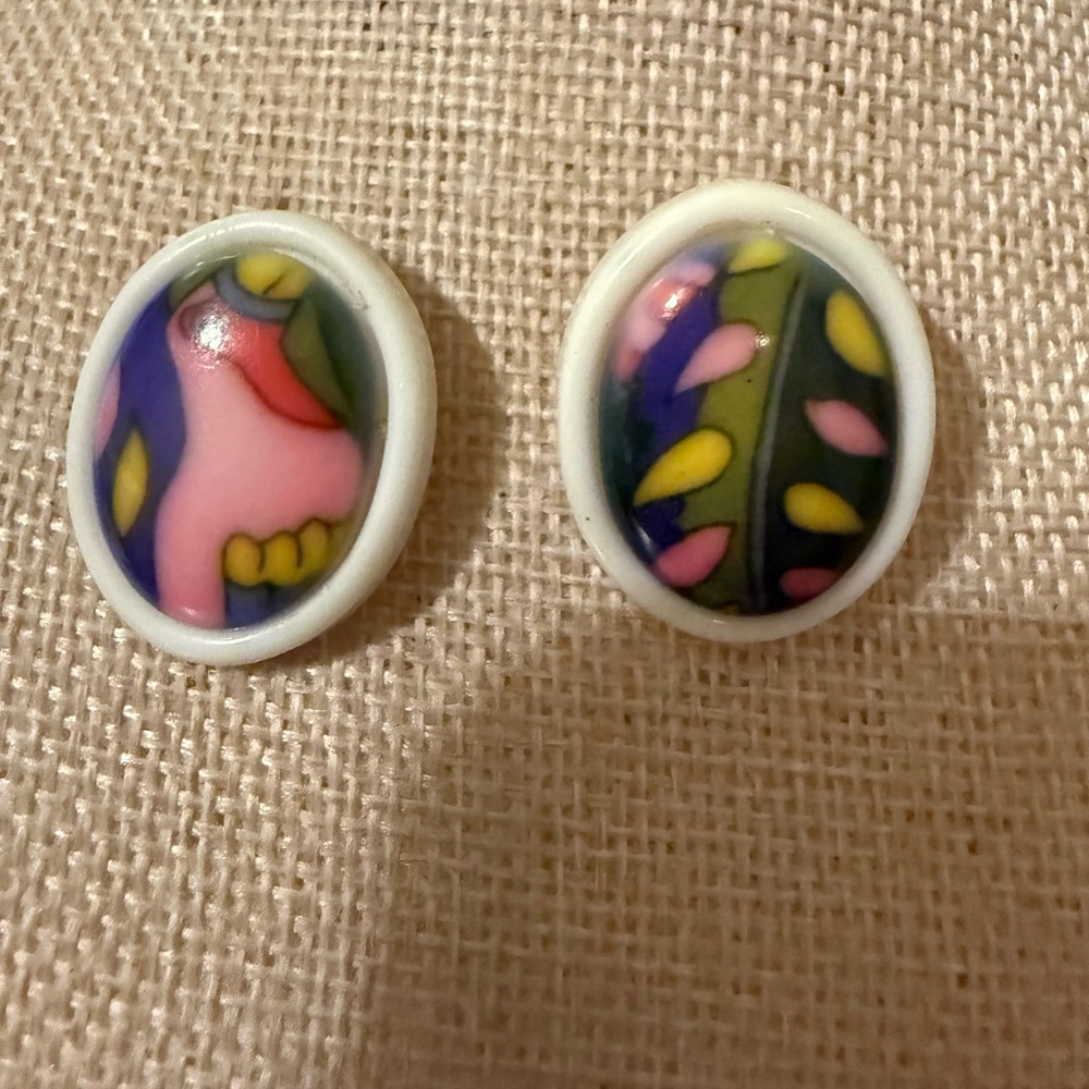 Handmade Polymer Clay‎ Oval Stud Earrings Colorful Abstract Post Backs